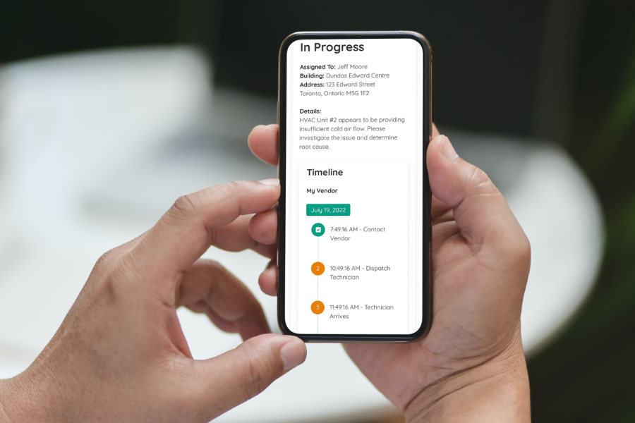 Hands Holding Mobile Phone with Service Request Details Showing