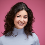 Woman with Light Blue Turtleneck Shirt